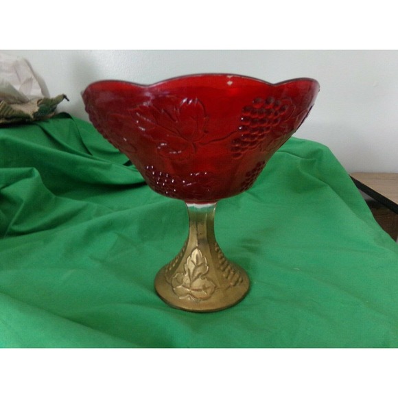 Antique Red & Gold Goofus Glass scallop edge 9" Bowl grape pattern - Picture 1 of 6